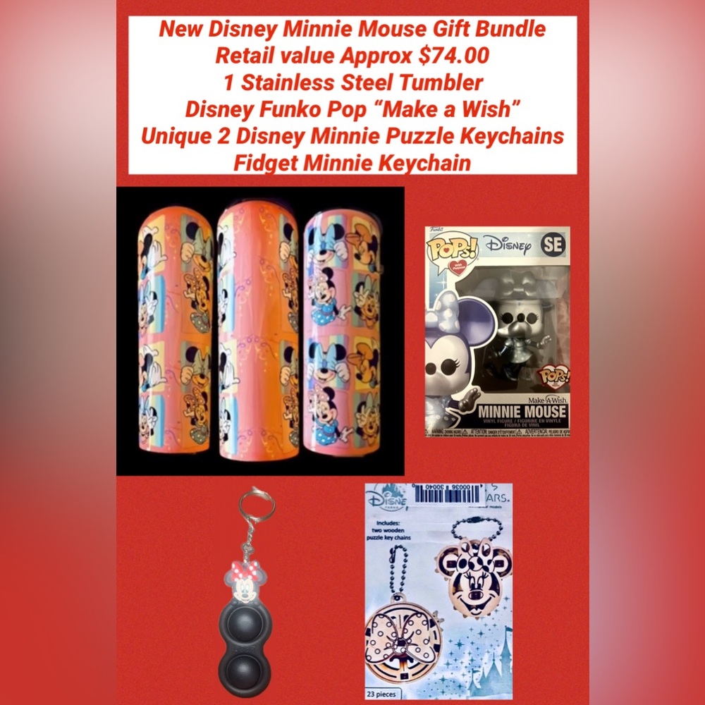 Disney Minnie Bundle Tumbler, Funko Pop Xmas, 2 Puzzle Keychain, Fidget Keychain